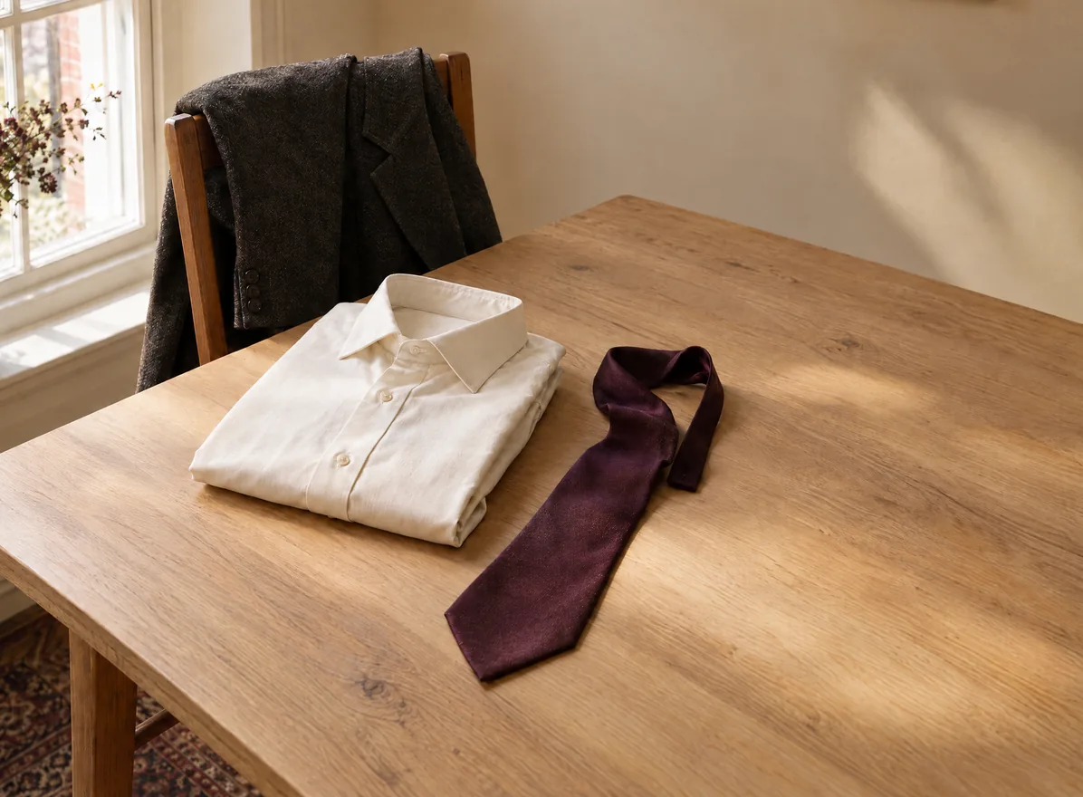Chemise ivoire pliée et cravate aubergine sur une table en chêne, veste en laine posée sur le dossier d'une chaise